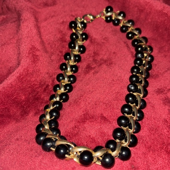 Monet 1980s  Double Black Glass  Bead Gold Wired Loops Collar Necklace - Picture 3 of 13